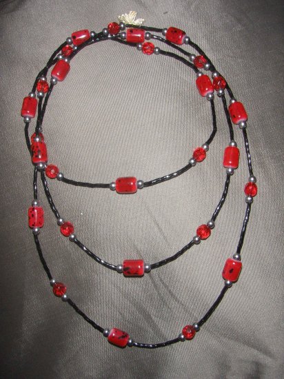 red and black beaded double strand necklace