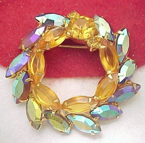 Verified JULIANA D&E Brilliant Aurora Borealis Watermelon and Citrine Rhinestone Brooch
