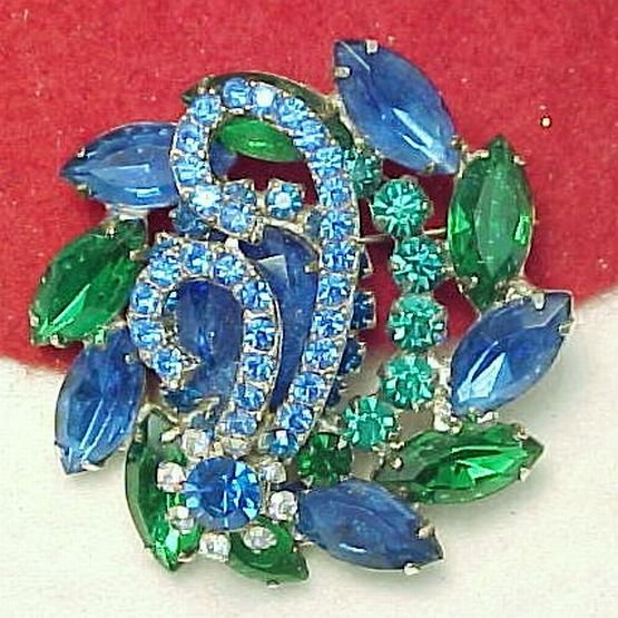 Vibrant Blue and Green Rhinestone Brooch Glitz Bling Dazzling
