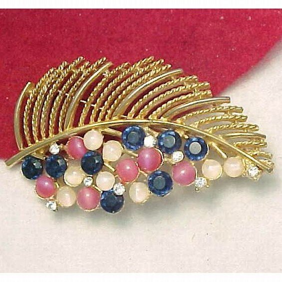 LISNER Brooch Sparkling Blue Clear Rhinestones Pink White Moonstones