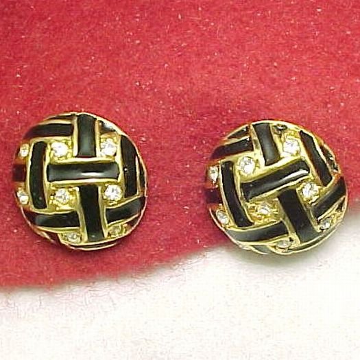 Signed ROMAN Sparkling Rhinestone and Black Enamel Earrings Pierced Post Back