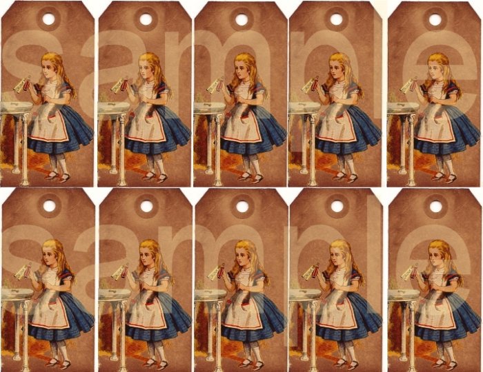 Vintage Grungy Altered Alice in Wonderland 20s Tenniel Tags Digital Collage Sheet