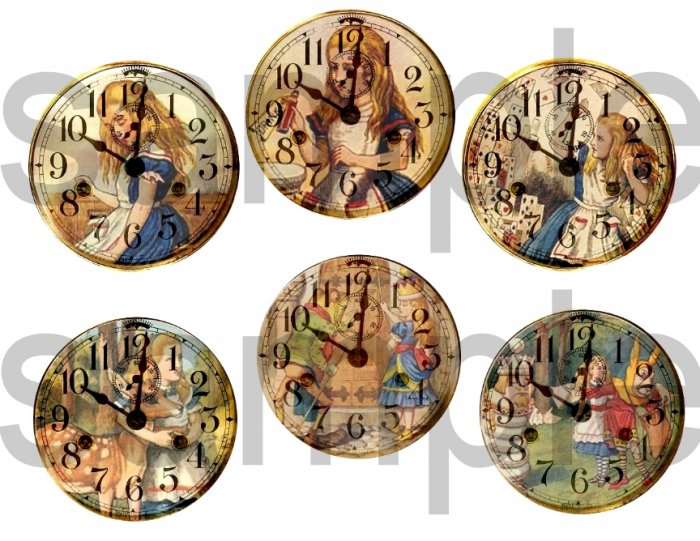 Vintage Tenniel ALICE in WONDERLAND Altered Clock Faces Digital Collage Sheet