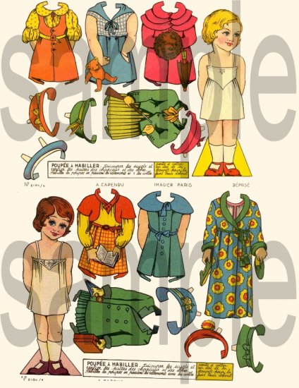 Adorable Vintage French Paper Dolls Digital Collage Sheet
