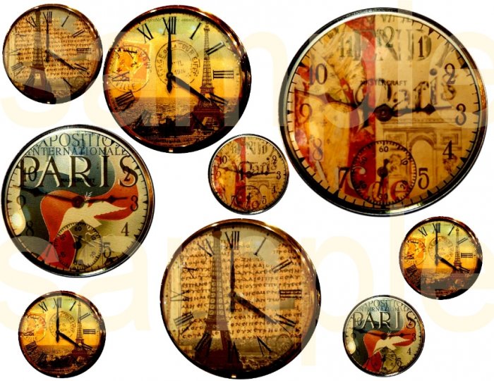 Vintage PARIS Altered CLOCK Faces... Unique and OOAK... Digital Collage Sheet