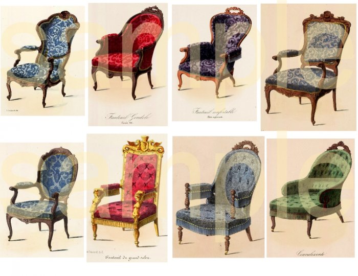 Exquisite Antique French Chairs from Vintage Prints Digital Collage Sheet