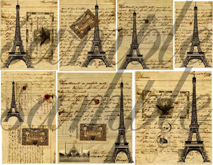 Vintage PARIS Letters with Eiffel Tower Digital Collage Sheet