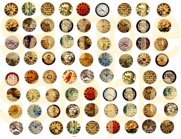 72 Bottlecap size Altered Clock Faces 7-8ths inch each Digital Collage Sheet