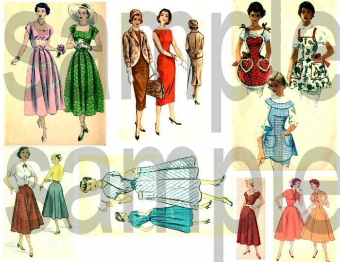 Vintage Retro 1950s Ladies Fashions Aprons Dresses Digital Collage Sheet