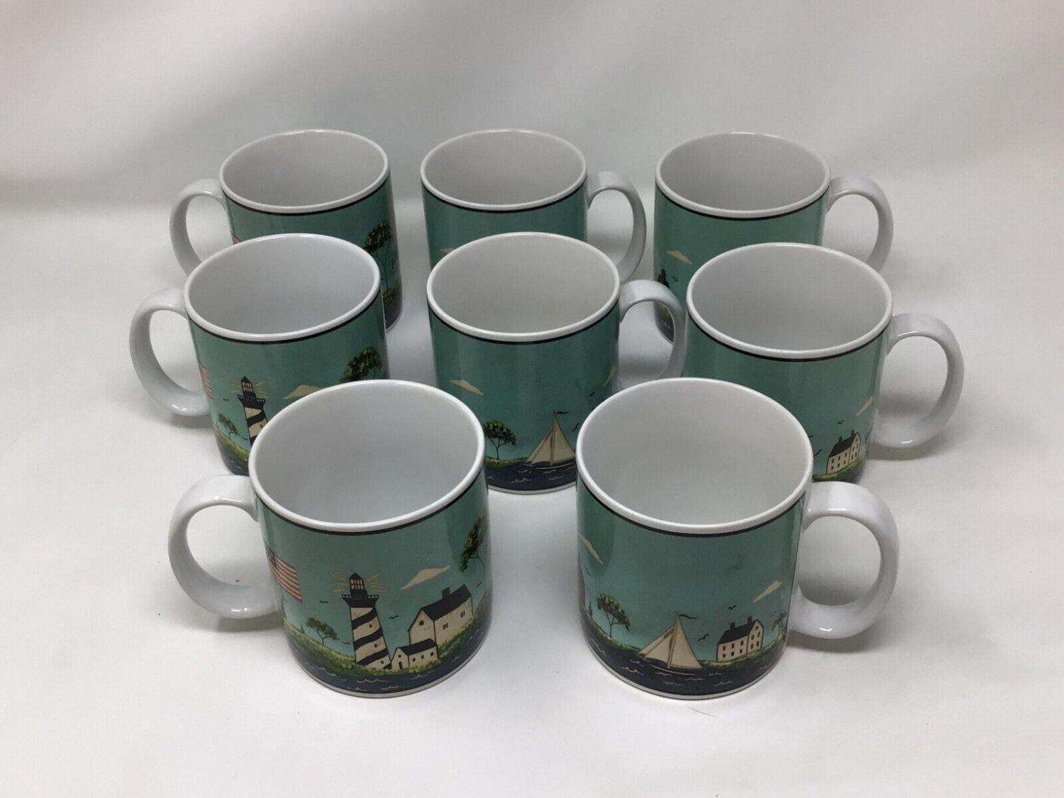 8 Sakura Warren Kimble Coastal Breeze Lighthouse Folk Art Stoneware Mugs