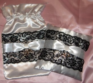 White and black wedding ring bearer pillow and money bag set