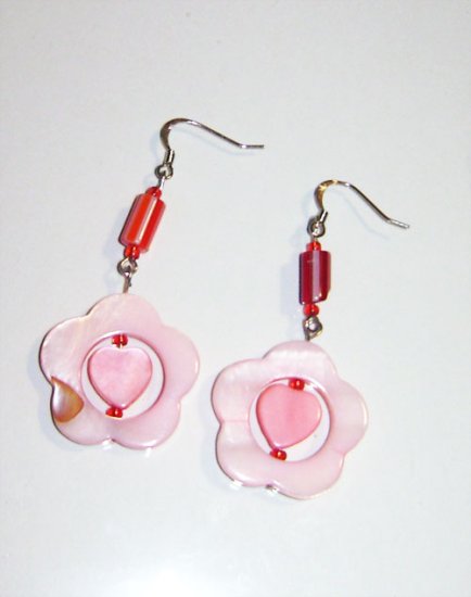Pink Heart Shell & Murano Glass Bead Earrings