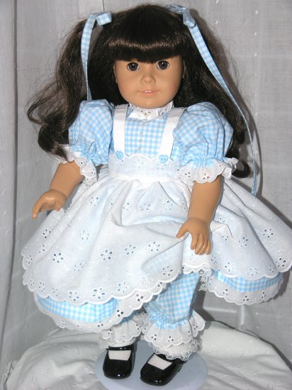 18" AMERICAN GIRL DOLL CLOTHES - PINAFORE; DRESS, PANTALOONS, TIES www.exclusivelylinda.ecrater.com
