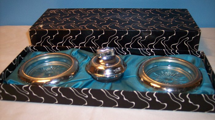 Antique Table Lighter and Two Ashtray Set