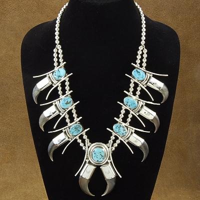 Native American Indian Silver Turquoise Bear Claw Squash Blossom Necklace