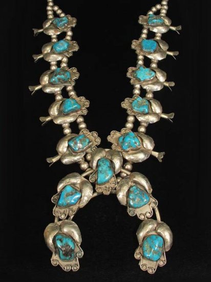 Vintage Old Pawn Native American Indian Silver Turquoise Squash Blossom Necklace