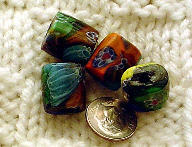 Handmade glass Venetian style flower beads Flattened drum 4 bead package