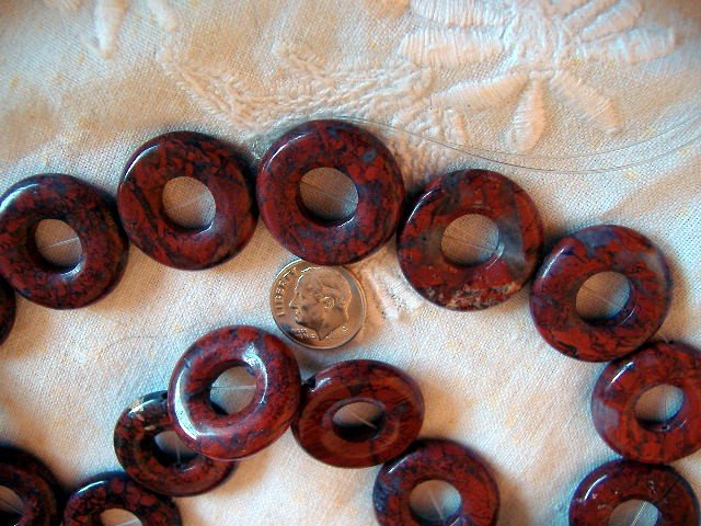 Gemstone stone beads Red breciated jasper donut . 25mm 16 inch strand