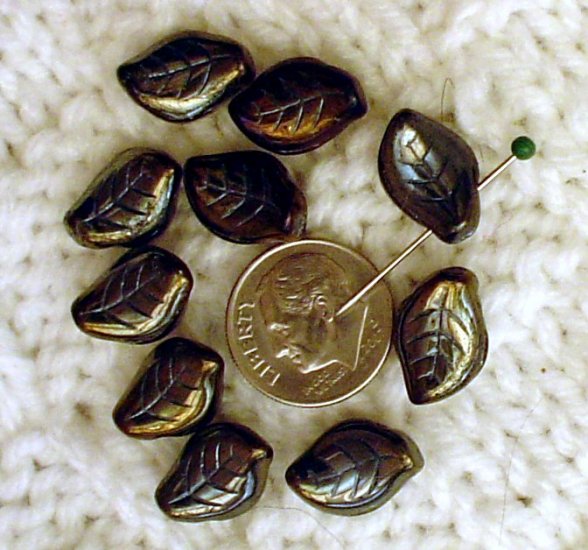 Glass Leaf beads Iris Olive 14X9mm 10 pack