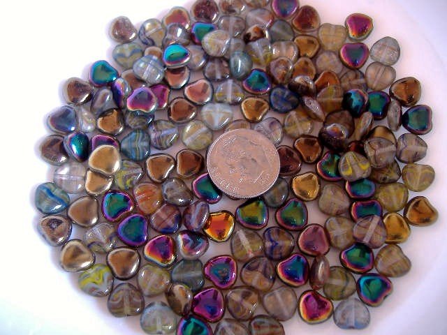 Glass puff hearts 8mm AB Aurora Borealis finish one side clear on the other side 50 Gm