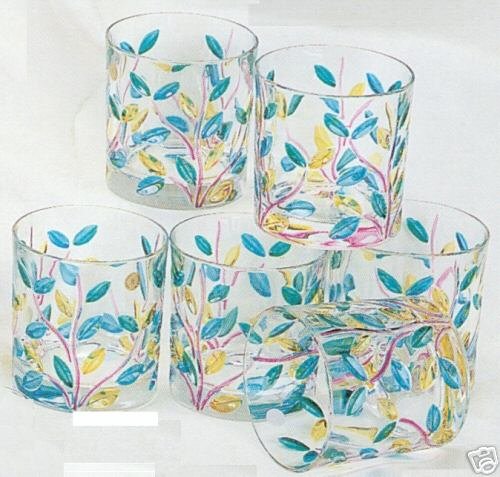New Set of 6 Murano Italy Lo Ball Scotch Glasses Handpainted Leaves