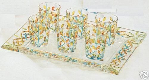 6 Pc Murano Gold and Multicolor Leaves Liquor Drinking Glasses NIB Made In Italy