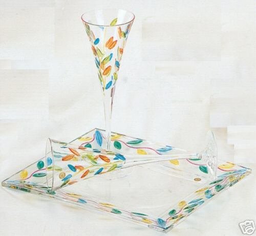 Pair of Elegant Multicolor Leaves Murano Glass Champagne Flutes