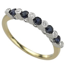 NEW 14K Two Tone Gold Round Sapphire & Bezel Set Diamond Band Ring