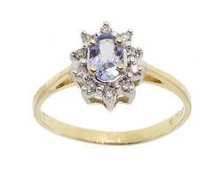NEW Oval Tanzanite and Diamond 14K Gold Flower Cluster Ring