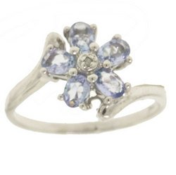 Tanzanite and Diamond 14K White Gold Bypass Flower Ring-Brand New
