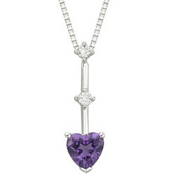 NEW Great Buy 14K White Gold Heart Shape Amethyst & 2 Diamond Bar Drop Necklace