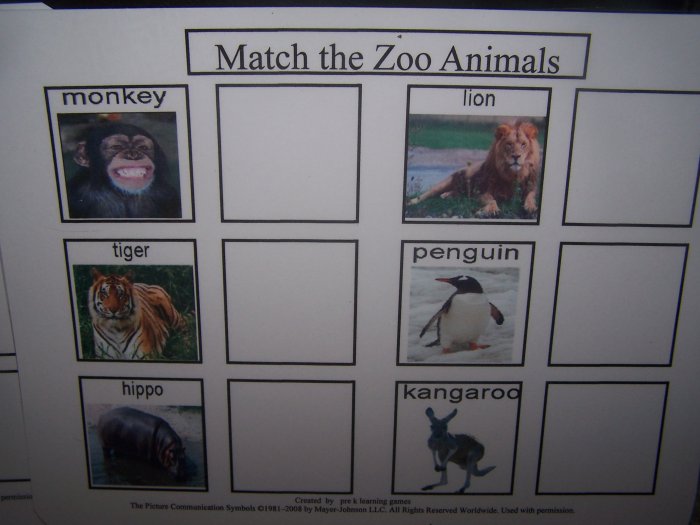 Zoo Animal match board autism pecs pre k