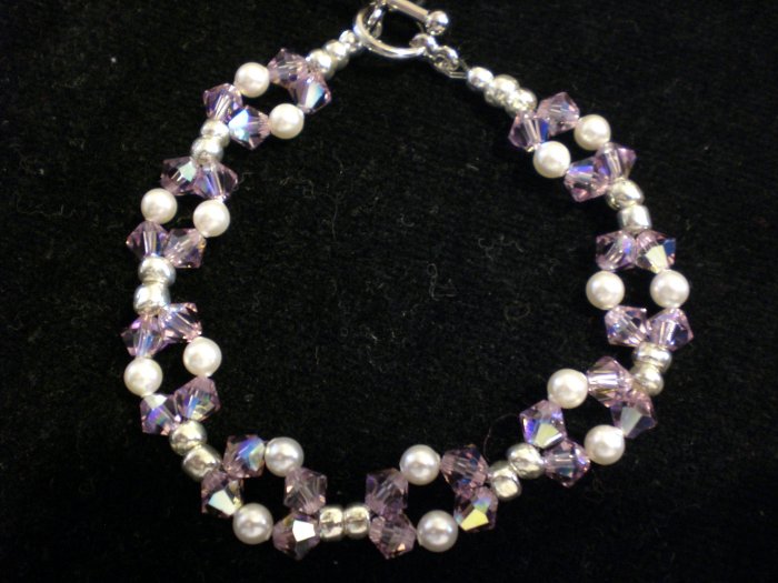 Stretch Weave Bracelet- Swarovski crystals in light amethyst and Swarovski pearls in white