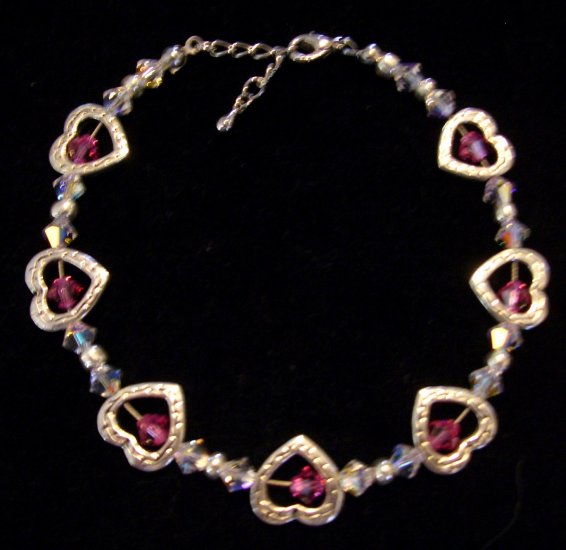Rose and crystal clear genuine Swarovski crystals and silver heart bead frames-Bracelet