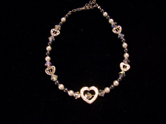 Black & white Swarovski crystal pearls and clear Swarovski crystals with heart accents-Bracelet