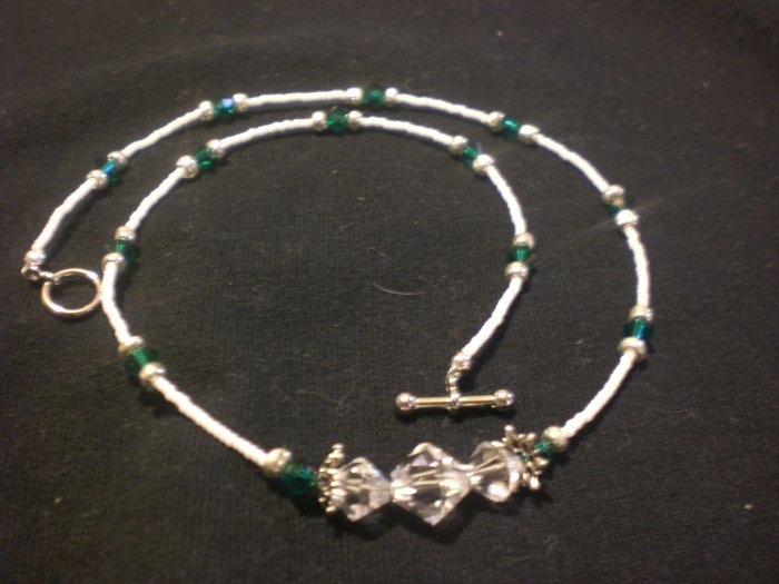 Emerald and crystal clear Swarovski crystals and white seed beads- Necklace