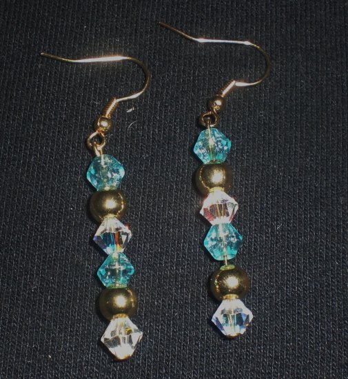 Turquoise glass beads, crystal clear Swarovski crystals and gold plated round bead earrings