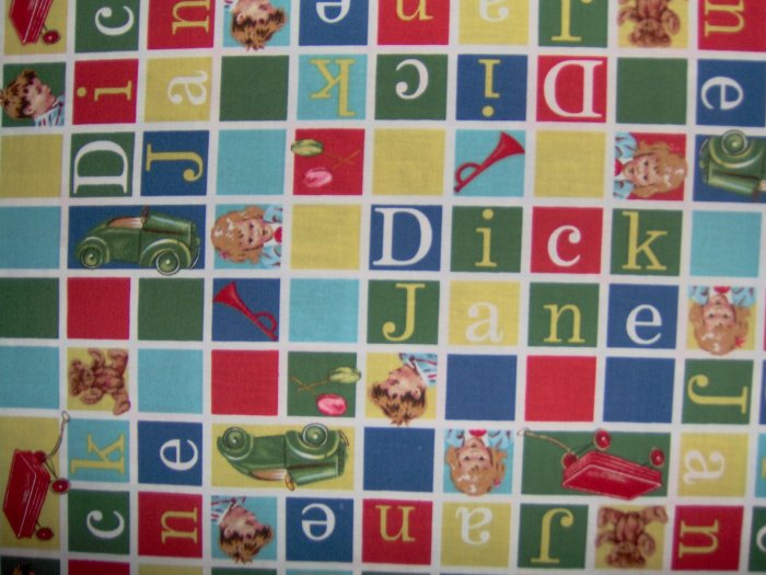 Dick and Jane Primary Letter & Picture Scrabble Squares Retro Kids Cotton Fabric 3.75 yds Last piece