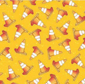 Avlyn Construction Cones on Yellow Dirt Kids Fabric 1 1/8 Yard LAST PIECE!