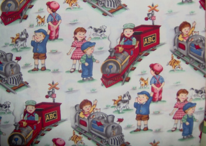 Michael Miller Retro Fun I Think I Can on Cream Kids Fabric 3.33 Yds LAST PIECE