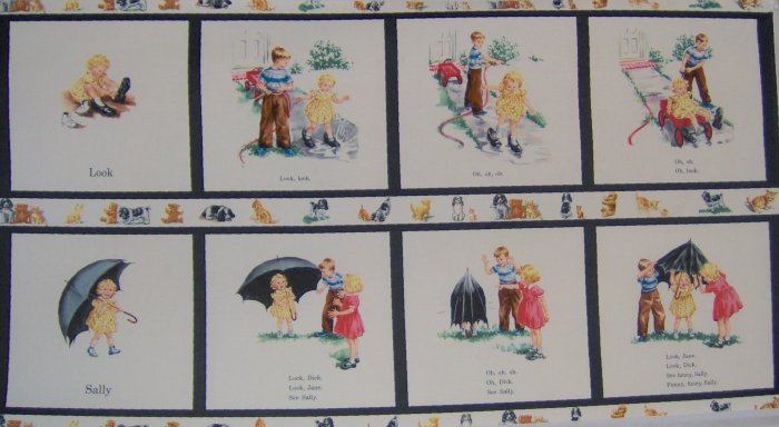 Michael Miller Dick and Jane Sally Look Panel Creme Reto Kids Cotton Fabric