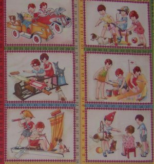 Moda American Jane Wee Play Retro Kids Playing Pretend Vintage Scenic 12 Blocks Fabric Panel