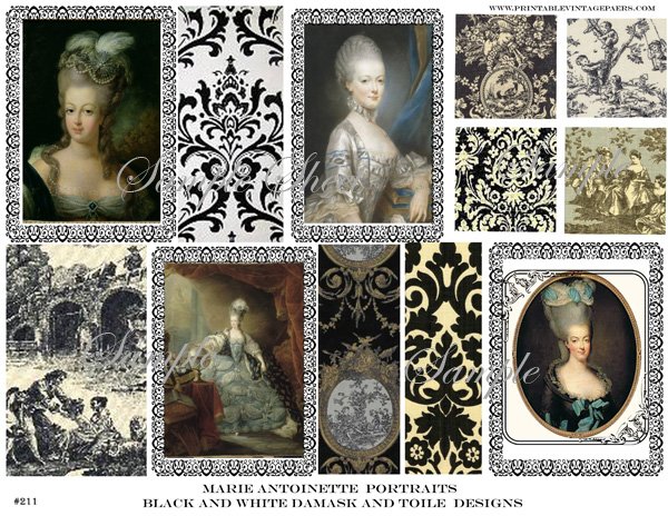 Marie Antoinette Portraits Black and White Damask Digital Collage Sheet EC211