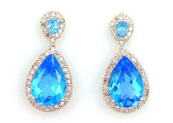 Blue Topaz Diamond Dangle Earrings 14KT White Gold