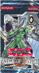 Yugioh Enemy of Justice 1st Edition Booster Pack containing 9 Yugioh Cards