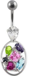 Rainbow Jeweled Egg Shape Silver Belly Ring
