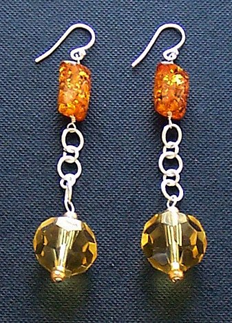 "Sunfire" Amber, Crystal & Sterling Silver Earrings