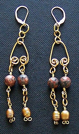 14k Gold Fill, Golden Pearl & Leopard Skin Jasper Gemstone Earrings - FREE SHIPPING!