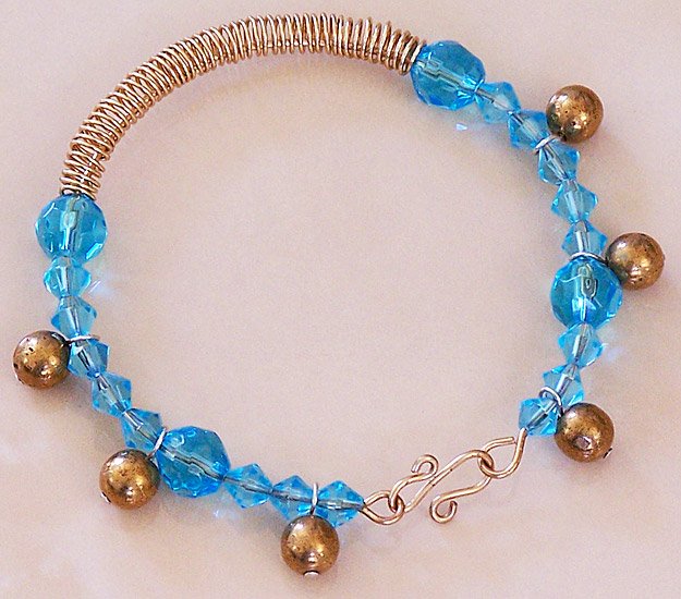 Turquoise Crystal & Brass Wire Wrap Bangle Bracelet - FREE SHIPPING!