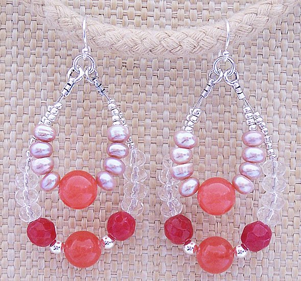 Ruby Quartz, Sunset Chalcedony & Pearl Double Loop Earrings - FREE SHIPPING!